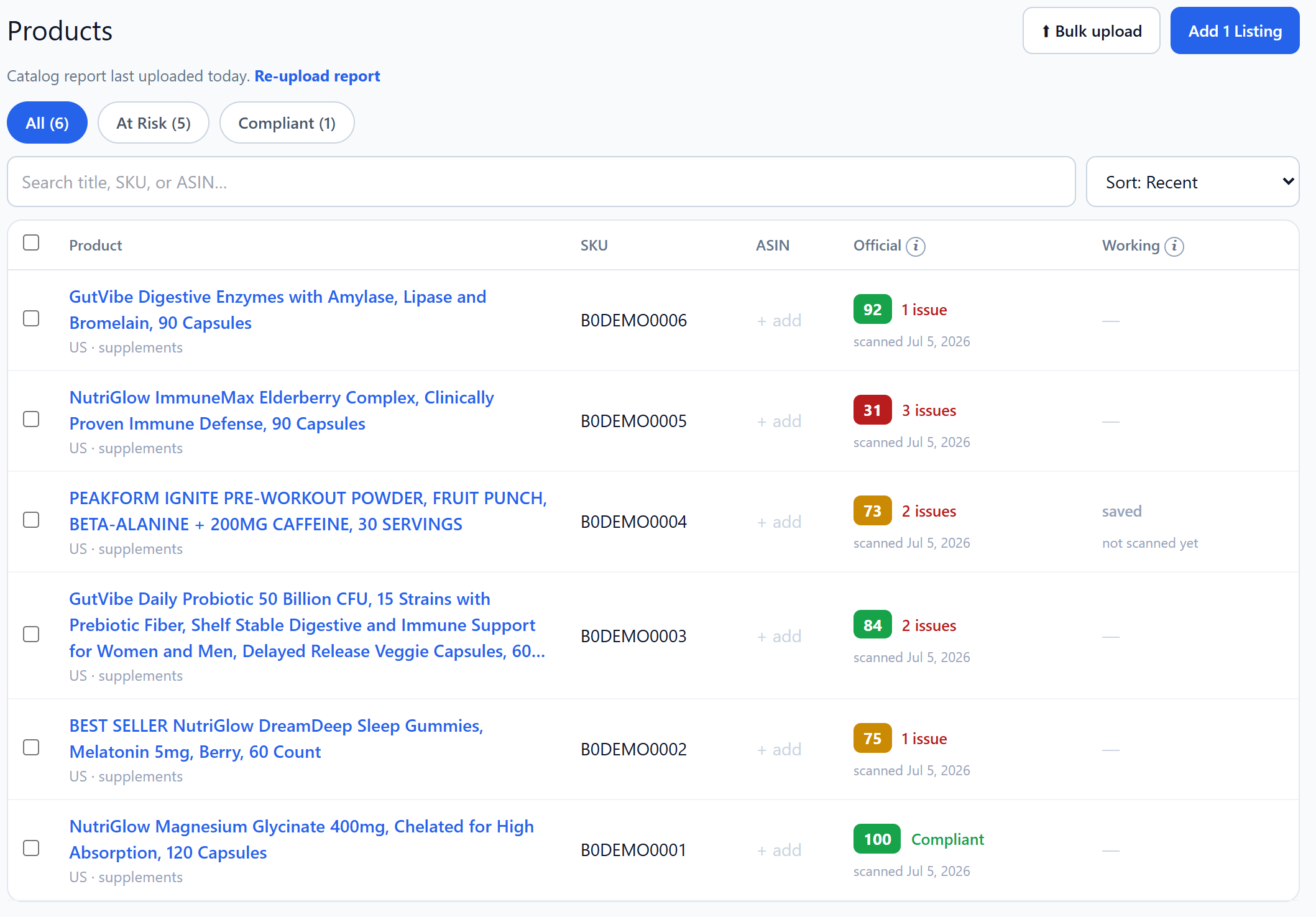 VERID8 products table: every SKU scored, flagged issues, and official versus working copy status